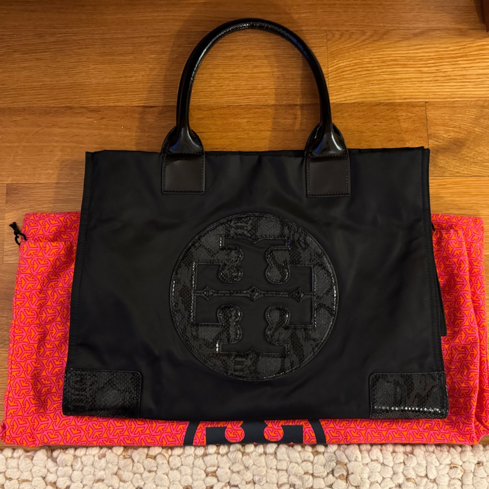 Tory Burch Ella Nylon Large Tote Bag w/ Embossed Snake Print & Patent Detailing